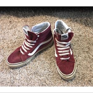 Maroon and white high top vans